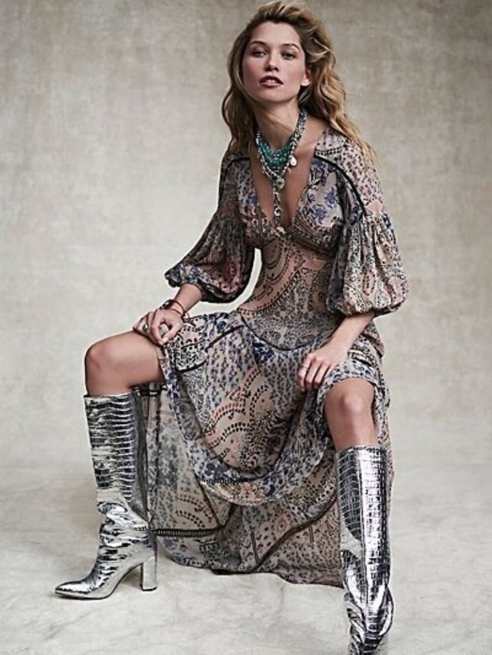 Free People Moroccan Dreams Maxi Dress Size 10 Boho Patchwork Long Sleeve